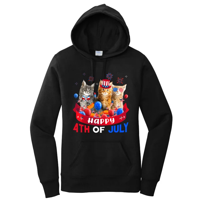 Three Cat Happy 4th Of July Balloon Lover Independence Day Women's Pullover Hoodie