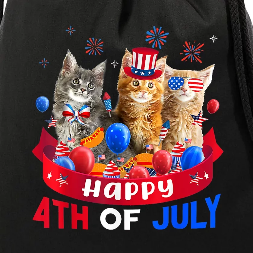 Three Cat Happy 4th Of July Balloon Lover Independence Day Drawstring Bag