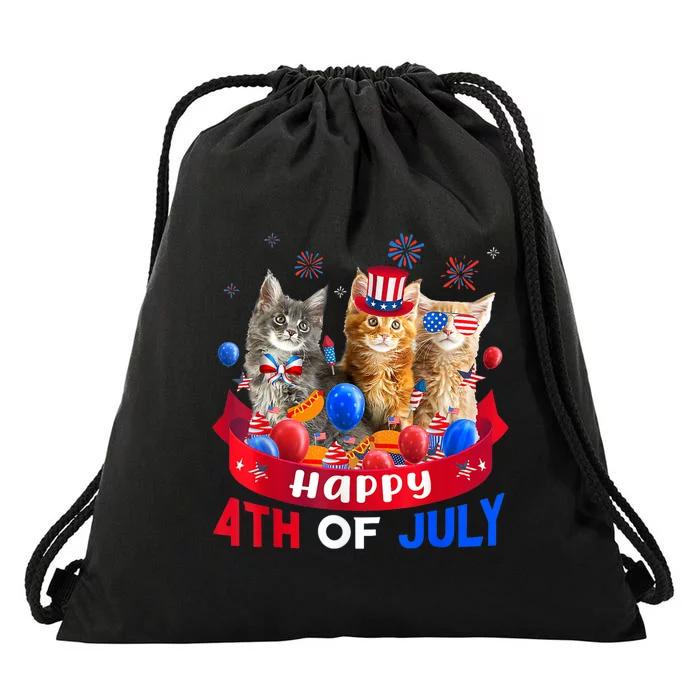 Three Cat Happy 4th Of July Balloon Lover Independence Day Drawstring Bag