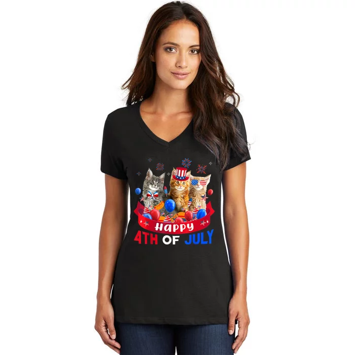 Three Cat Happy 4th Of July Balloon Lover Independence Day Women's V-Neck T-Shirt