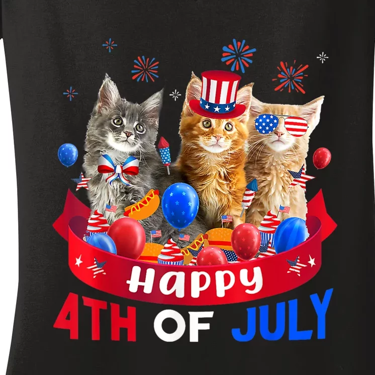 Three Cat Happy 4th Of July Balloon Lover Independence Day Women's V-Neck T-Shirt