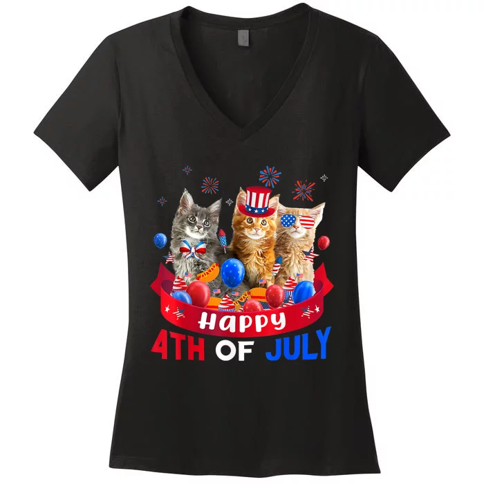 Three Cat Happy 4th Of July Balloon Lover Independence Day Women's V-Neck T-Shirt