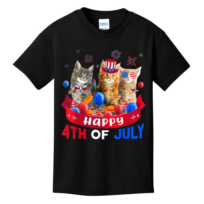 Three Cat Happy 4th Of July Balloon Lover Independence Day Kids T-Shirt