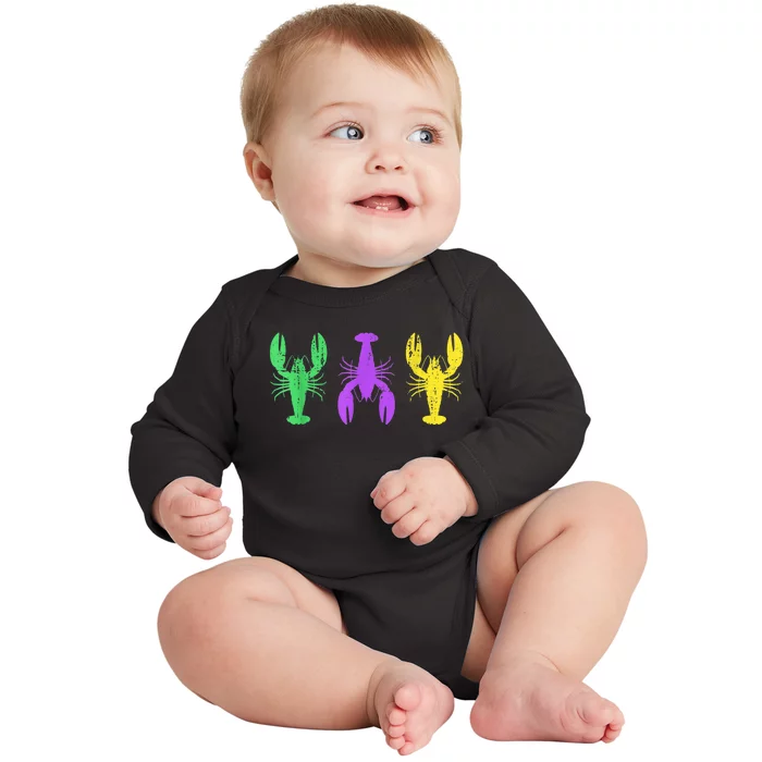 Three crawfish in Mardi Gras flag colors New Orleans Baby Long Sleeve Bodysuit