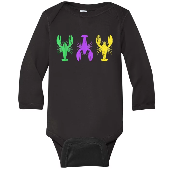 Three crawfish in Mardi Gras flag colors New Orleans Baby Long Sleeve Bodysuit