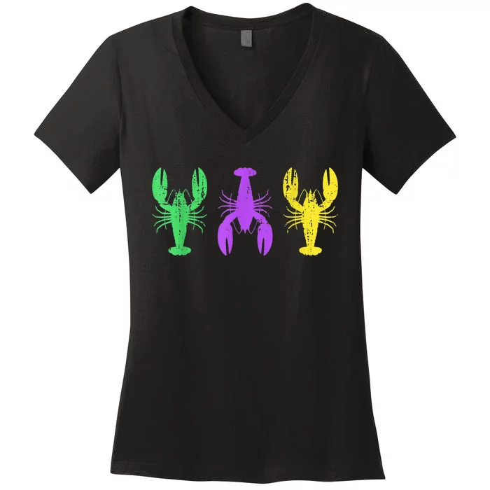 Three crawfish in Mardi Gras flag colors New Orleans Women's V-Neck T-Shirt