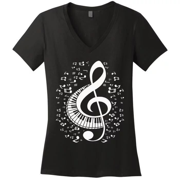 Treble Clef Keyboard Classical Music Notes Pianist Piano Women's V-Neck T-Shirt