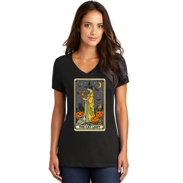 The Cat Lady Tarot Card Vintage Gothic Cat Women Cat Mom Women's V-Neck T-Shirt