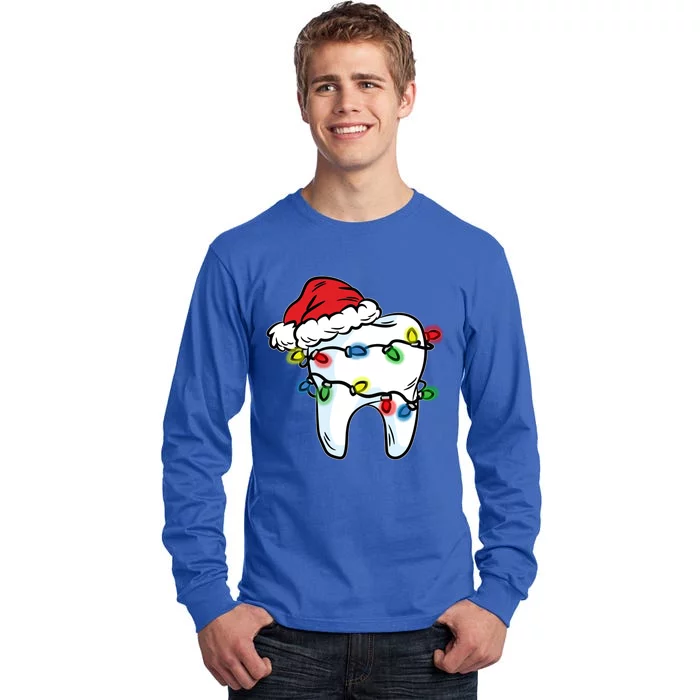 Tooth Christmas Light Santa Hat Dentist Dental Hygienist Funny Gift Tall Long Sleeve T-Shirt