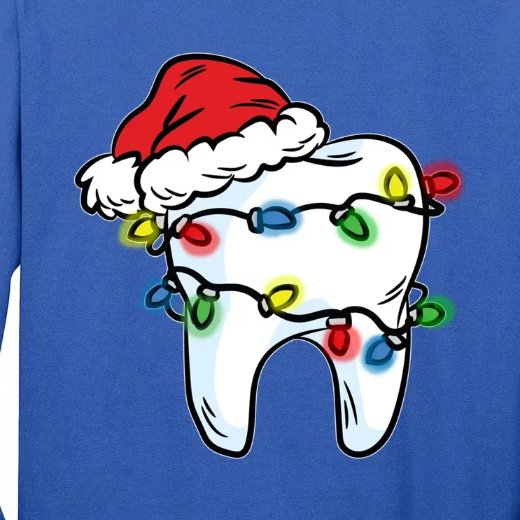 Tooth Christmas Light Santa Hat Dentist Dental Hygienist Funny Gift Tall Long Sleeve T-Shirt