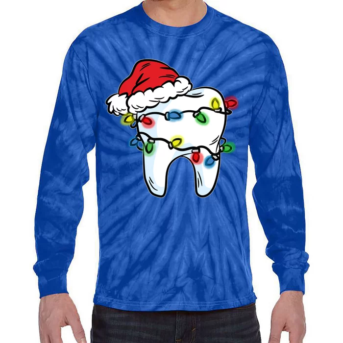 Tooth Christmas Light Santa Hat Dentist Dental Hygienist Funny Gift Tie-Dye Long Sleeve Shirt