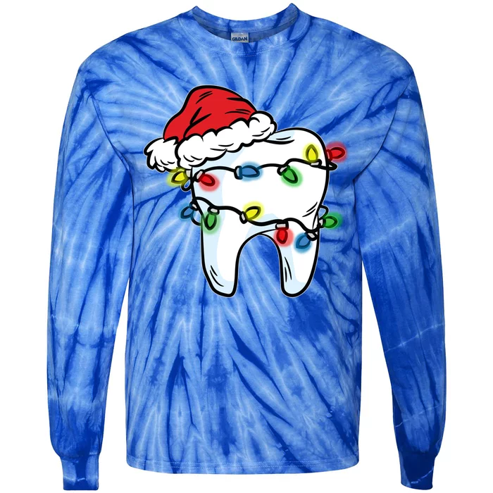 Tooth Christmas Light Santa Hat Dentist Dental Hygienist Funny Gift Tie-Dye Long Sleeve Shirt