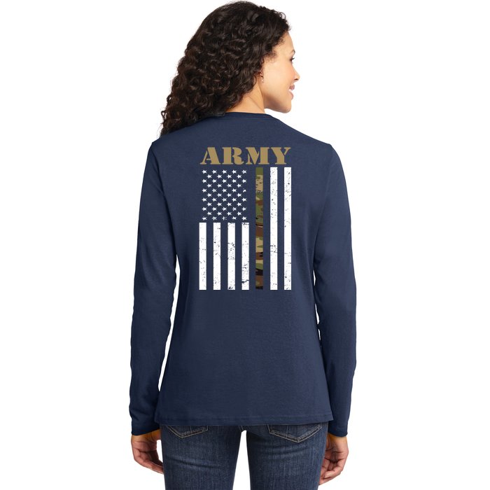 Thin Camo Line United States Army Flag Back Print Back Print Ladies Long Sleeve Shirt