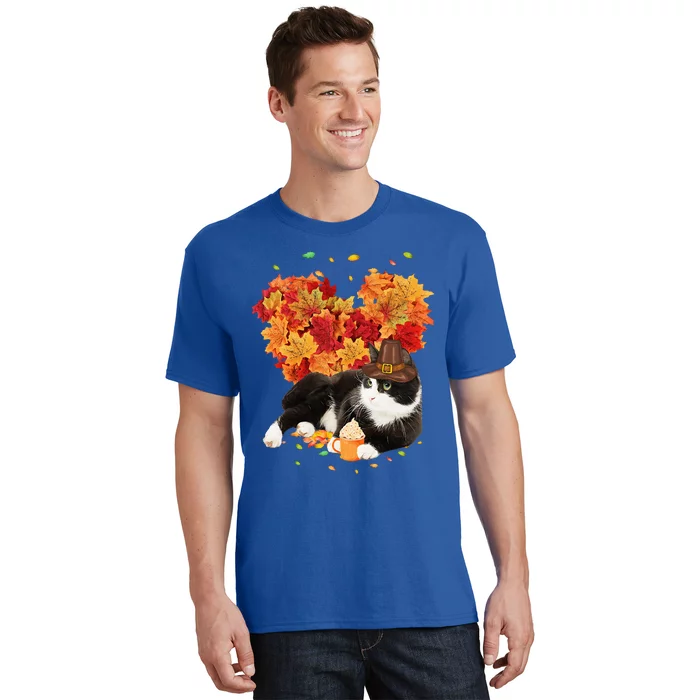 Tuxedo Cat Love Autumn Fall Leaves Happy Thanksgiving T-Shirt