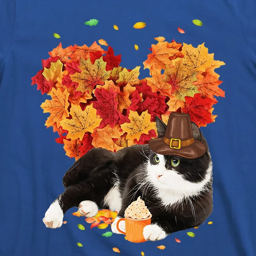 Tuxedo Cat Love Autumn Fall Leaves Happy Thanksgiving T-Shirt