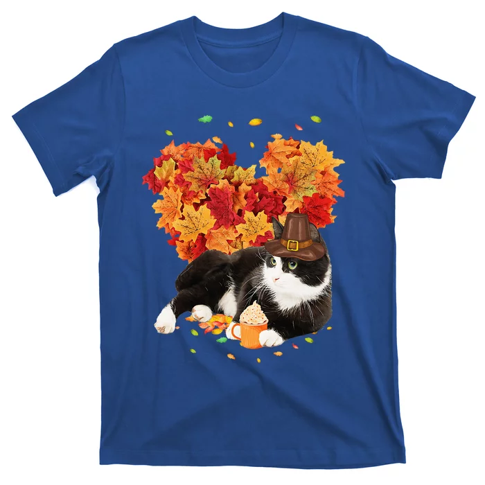 Tuxedo Cat Love Autumn Fall Leaves Happy Thanksgiving T-Shirt