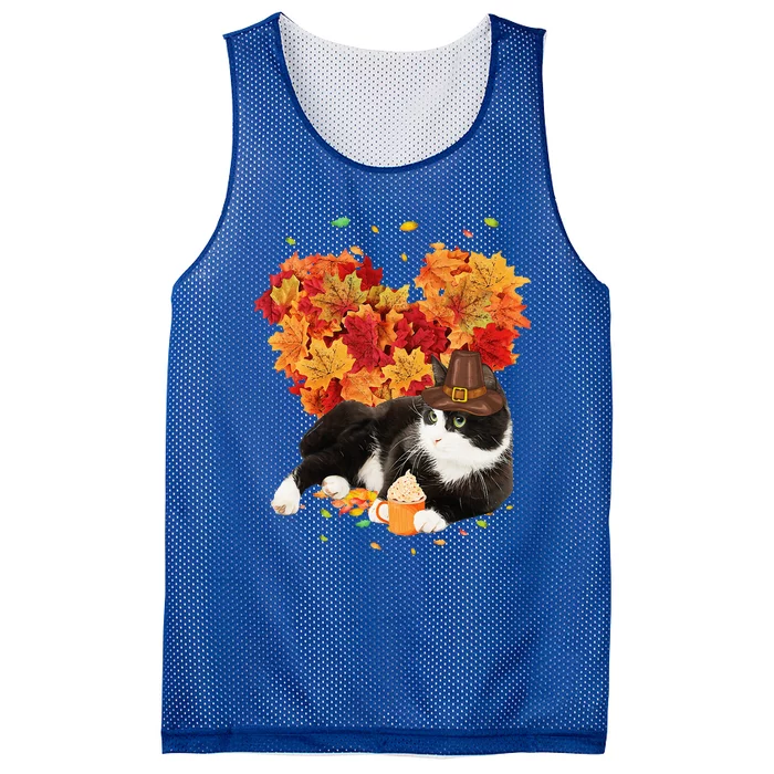 Tuxedo Cat Love Autumn Fall Leaves Happy Thanksgiving Mesh Reversible Basketball Jersey Tank