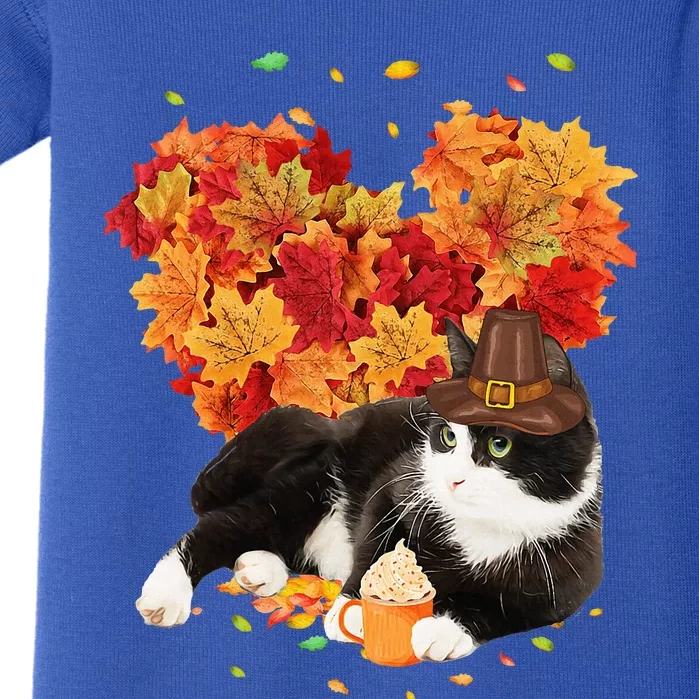 Tuxedo Cat Love Autumn Fall Leaves Happy Thanksgiving Baby Bodysuit