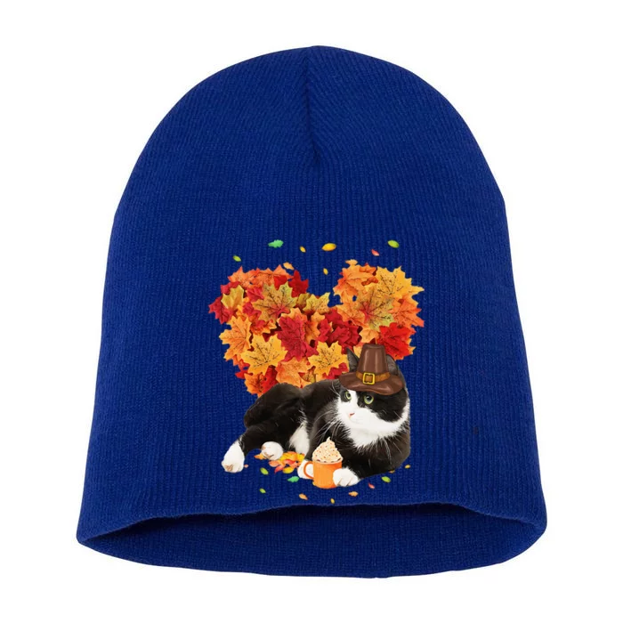 Tuxedo Cat Love Autumn Fall Leaves Happy Thanksgiving Short Acrylic Beanie