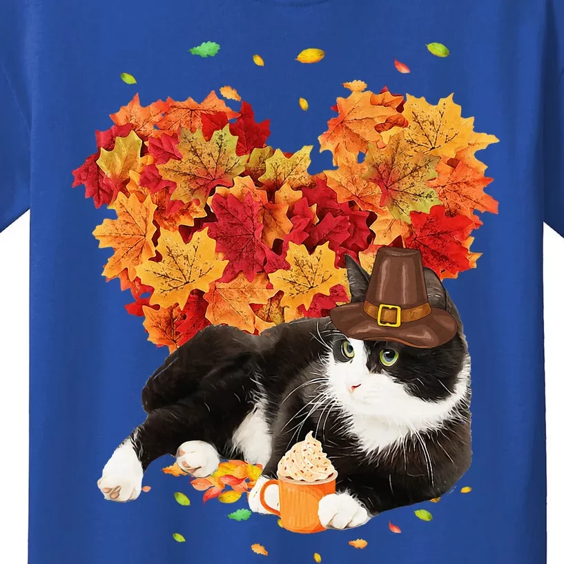 Tuxedo Cat Love Autumn Fall Leaves Happy Thanksgiving Kids T-Shirt