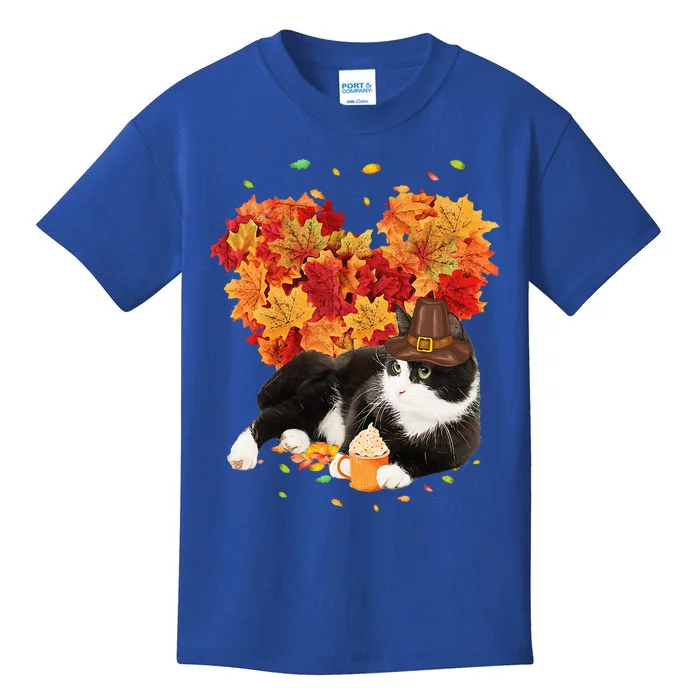 Tuxedo Cat Love Autumn Fall Leaves Happy Thanksgiving Kids T-Shirt