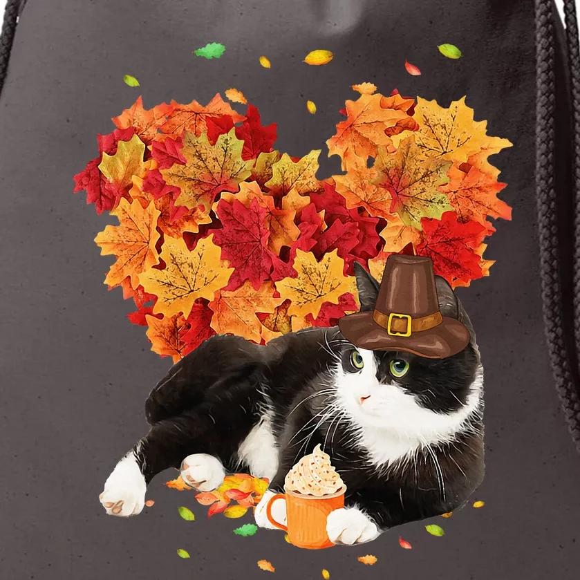 Tuxedo Cat Love Autumn Fall Leaves Happy Thanksgiving Drawstring Bag