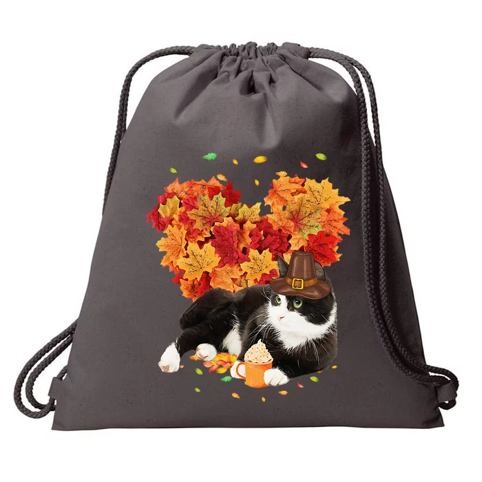 Tuxedo Cat Love Autumn Fall Leaves Happy Thanksgiving Drawstring Bag