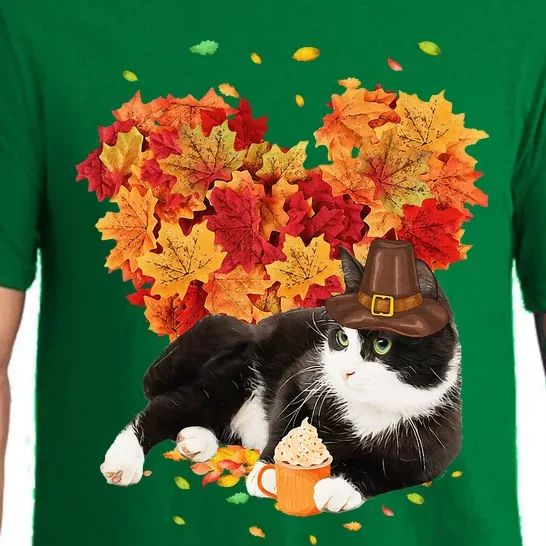 Tuxedo Cat Love Autumn Fall Leaves Happy Thanksgiving Pajama Set