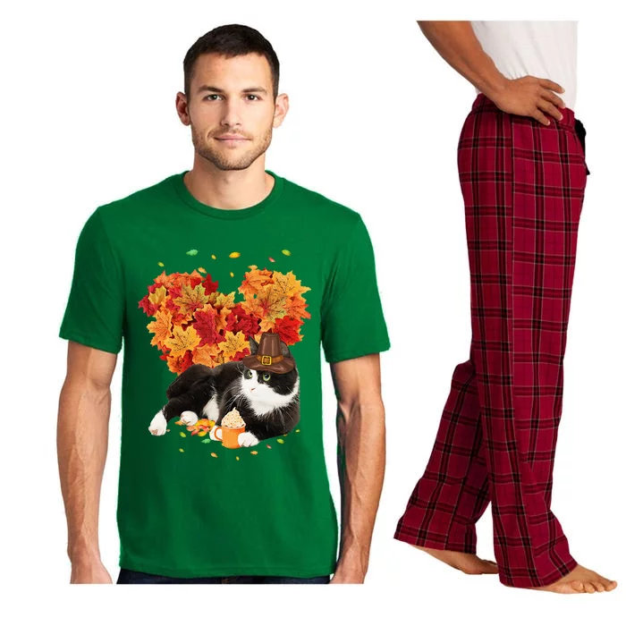 Tuxedo Cat Love Autumn Fall Leaves Happy Thanksgiving Pajama Set