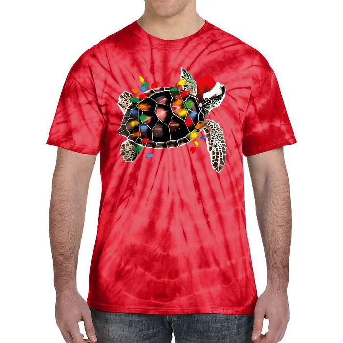 Turtle Christmas Lights Turtle Santa Hat Tie-Dye T-Shirt