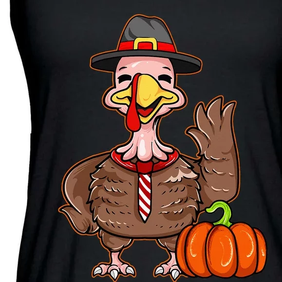 Thanksgiving Cute Little Turkey Pilgrim Pumpkin Fall Funny Ladies Essential Flowy Tank