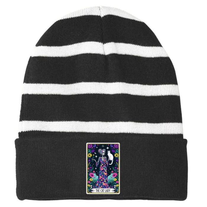 The Cat Lady Tarot Card Halloween Skeleton Skul Occult Magic Striped Beanie with Solid Band