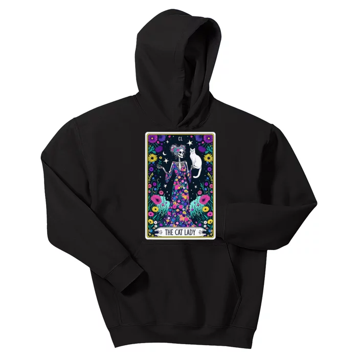 The Cat Lady Tarot Card Halloween Skeleton Skul Occult Magic Kids Hoodie