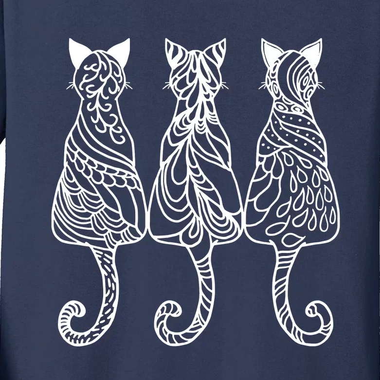 Three Cats Motif Paisley Cute Animal Cat Lovers Artists Kids Long Sleeve Shirt