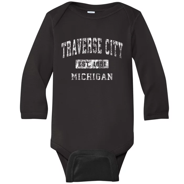 Traverse City Michigan Mi Vintage Established Sports Baby Long Sleeve Bodysuit