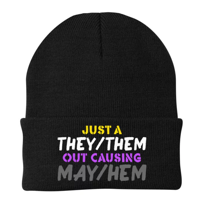 Theythem Causing Mayhem Funny Enby Pride Lgbt Nb Knit Cap Winter Beanie