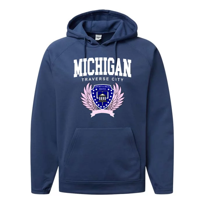 Traverse City Michigan Classy Logo Performance Fleece Hoodie