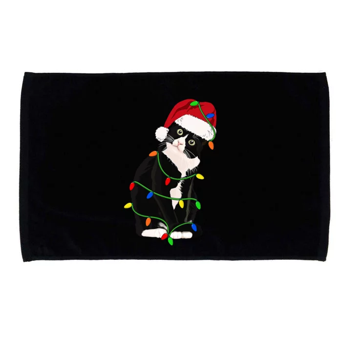 Tuxedo Cat Meow Santa Tuxie Christmas Tree Lights Cat Catmas Gift Microfiber Hand Towel