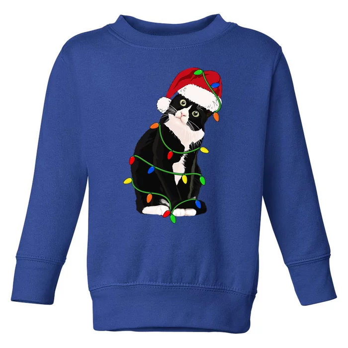 Tuxedo Cat Meow Santa Tuxie Christmas Tree Lights Cat Catmas Gift Toddler Sweatshirt