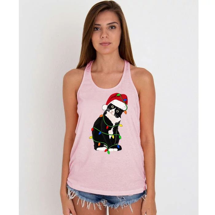 Tuxedo Cat Meow Santa Tuxie Christmas Tree Lights Cat Catmas Gift Women's Knotted Racerback Tank