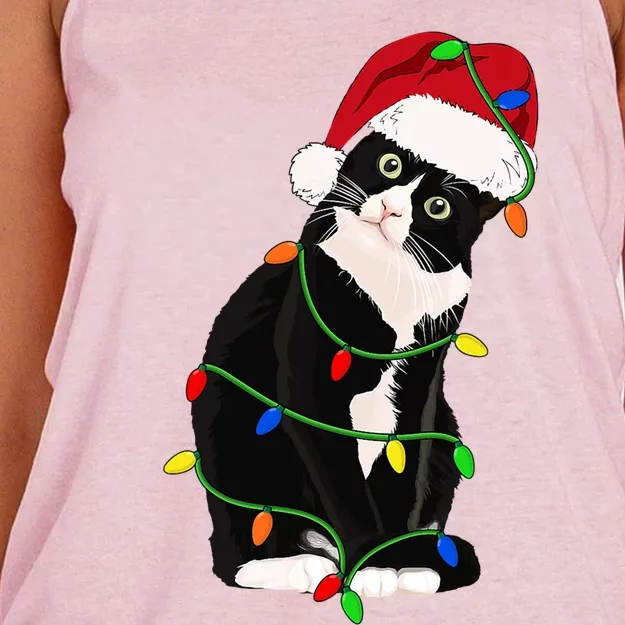 Tuxedo Cat Meow Santa Tuxie Christmas Tree Lights Cat Catmas Gift Women's Knotted Racerback Tank