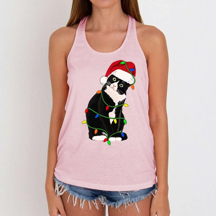 Tuxedo Cat Meow Santa Tuxie Christmas Tree Lights Cat Catmas Gift Women's Knotted Racerback Tank