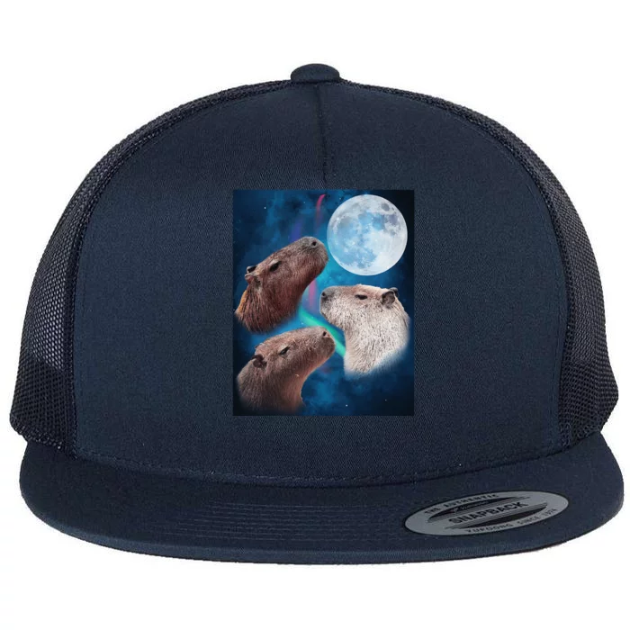 Three Capybaras Moon And Nighttime Sky Flat Bill Trucker Hat