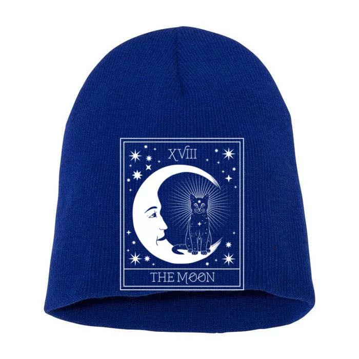 Tarot Card Moon And Cat Graphic Wicca Pagan Witch Halloween Funny Gift Short Acrylic Beanie