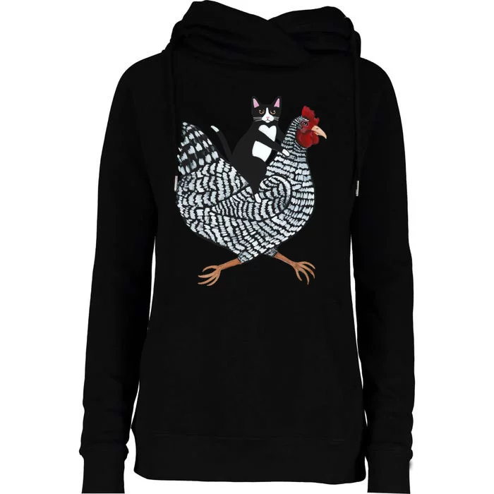 Tuxedo Cat On A Chicken Womens Funnel Neck Pullover Hood