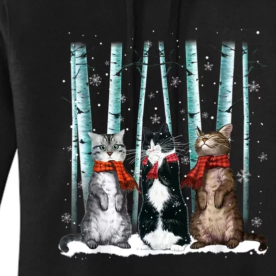 Three Cats Play Snow Winter Funny Cat Lover Merry Christmas Women's Pullover Hoodie