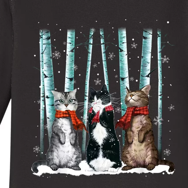 Three Cats Play Snow Winter Funny Cat Lover Merry Christmas Baby Long Sleeve Bodysuit