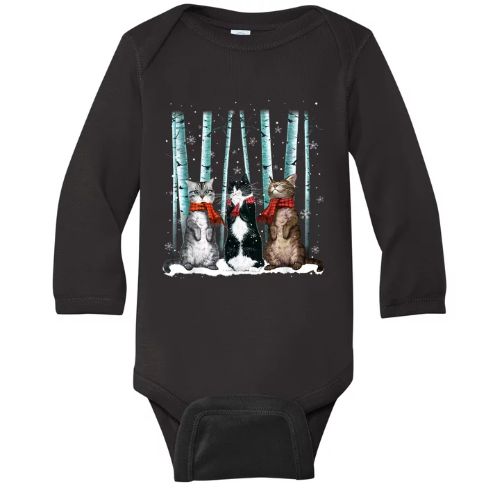 Three Cats Play Snow Winter Funny Cat Lover Merry Christmas Baby Long Sleeve Bodysuit