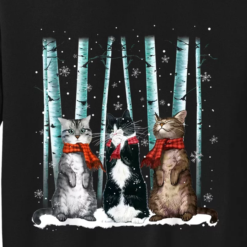 Three Cats Play Snow Winter Funny Cat Lover Merry Christmas Tall Sweatshirt