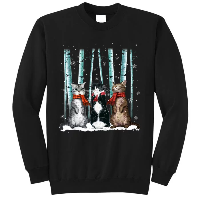 Three Cats Play Snow Winter Funny Cat Lover Merry Christmas Tall Sweatshirt